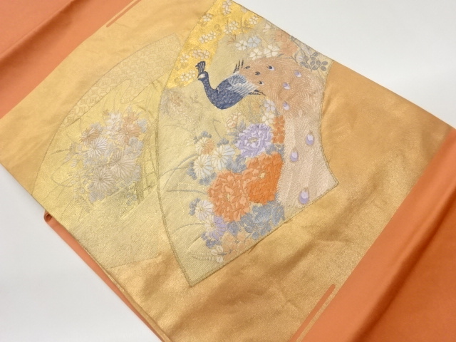 地紙に花々・孔雀模様織出し名古屋帯